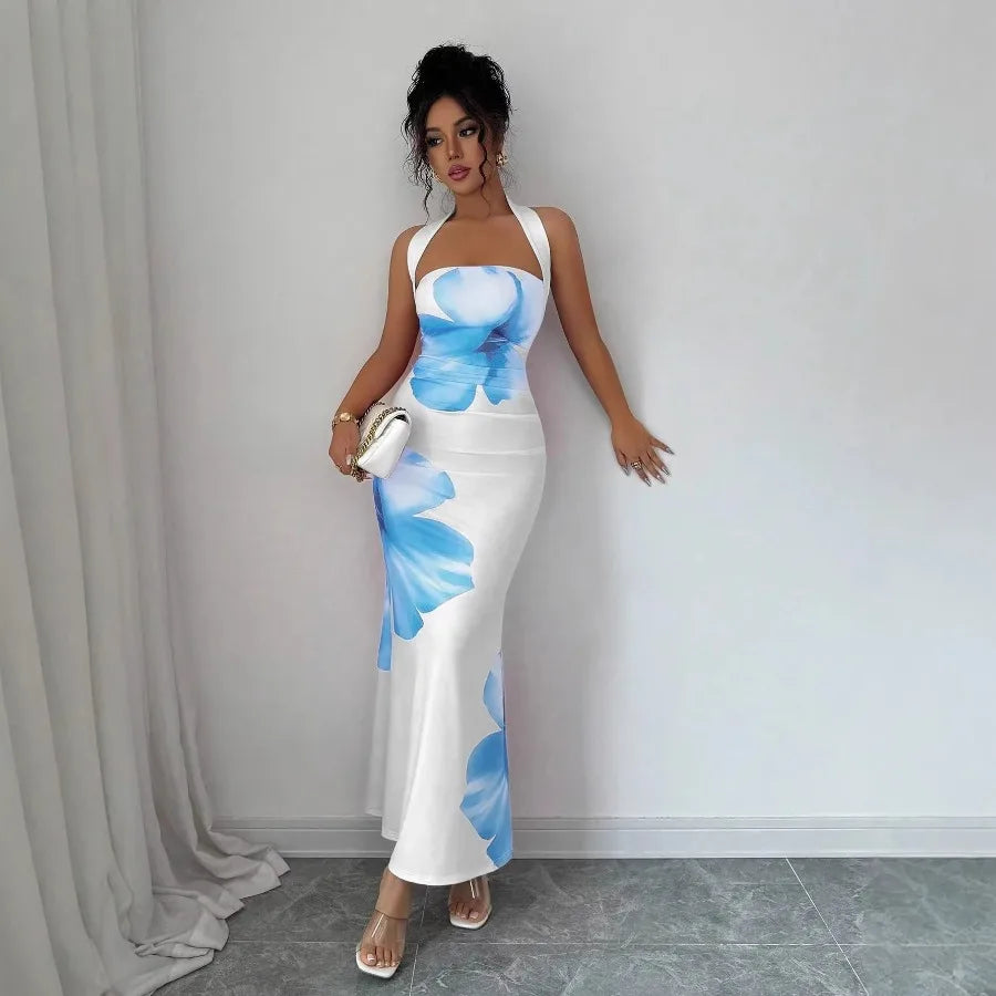 【New style】European and American   women's clothing 2026 new style  hot style hanging neck backless long dress bag hip printed