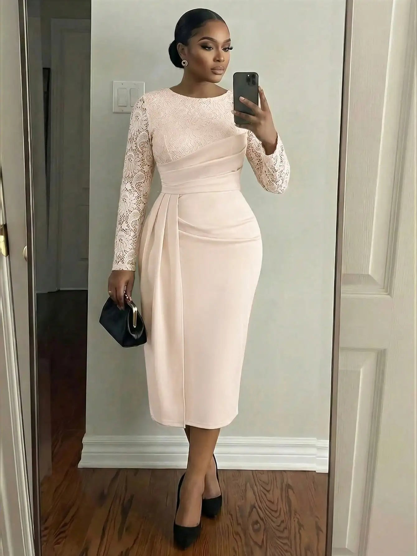 Lavender Lace Long Sleeve Midi Dress With Draped Waist For Women Elegant Office Party Wear Fall Winter Plus Size Outfit