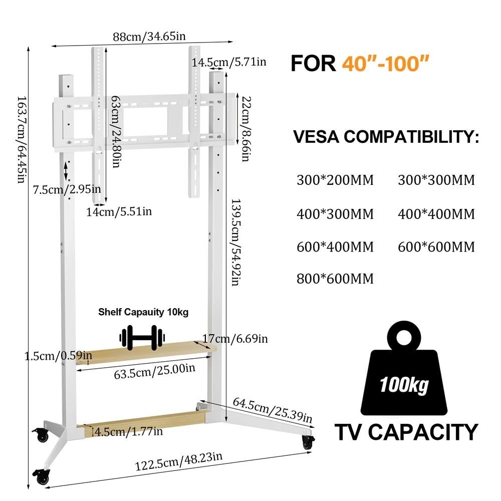 Unho Universal Mobile TV Cart Adjustable Height And Rolling Casters