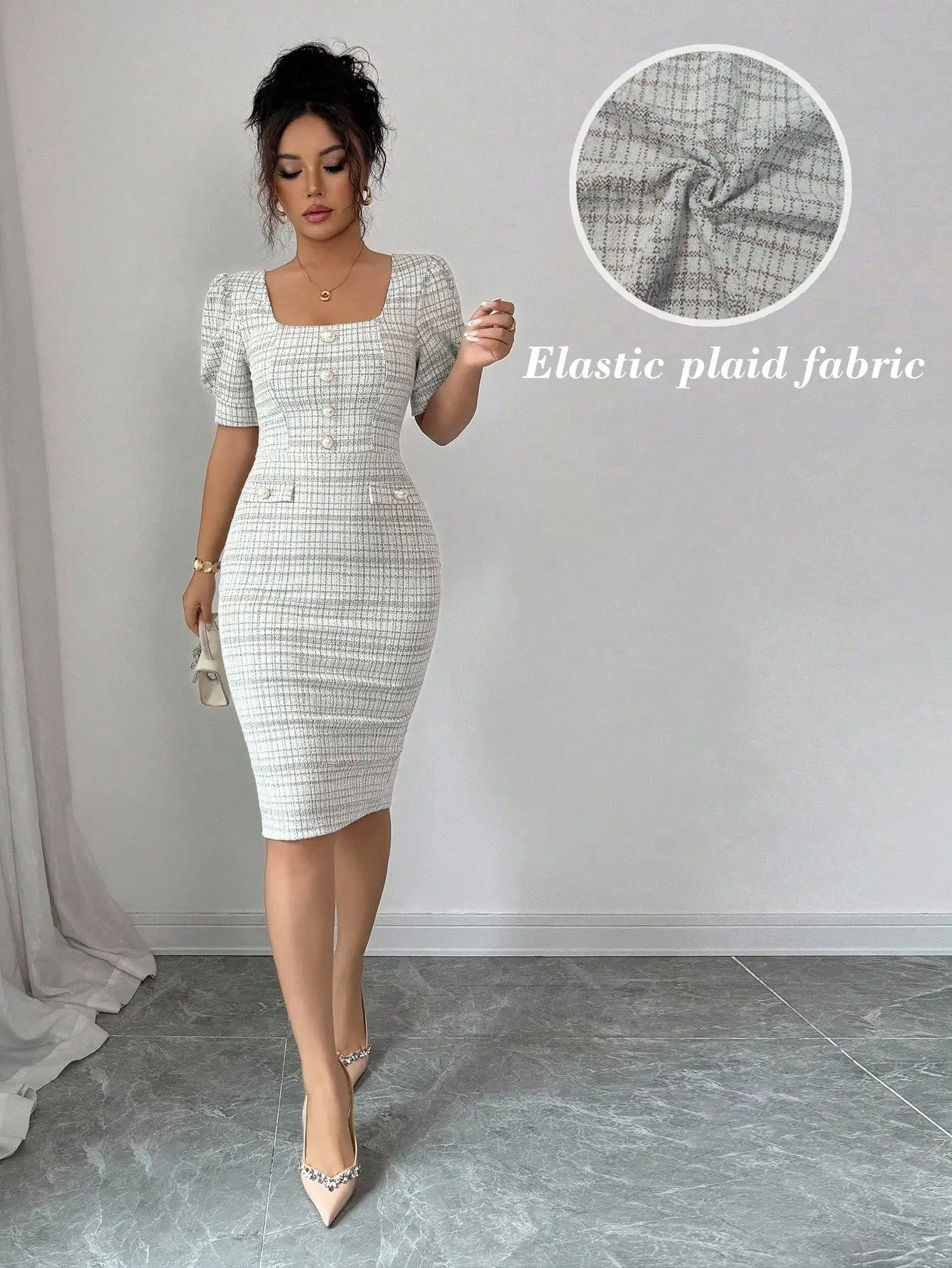 Elegant Square Neck Puff Sleeve Bodycon Midi Dress With Buttons