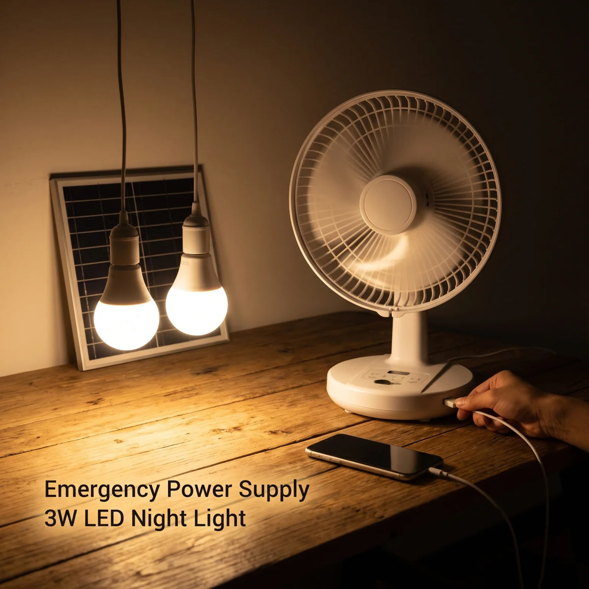 Solar Powered Fan Set With LED Bulbs 6V 4500mAh Rechargeable Desk Fan 18W Copper Motor 2 Speed Wind Portable Cooling Fan Built In Battery Power Bank Function With 9V 3W Solar Panel For Outdoor Camping Home Emergency Lighting