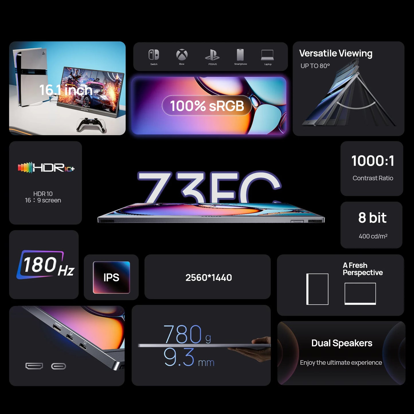 ARZOPA Portable Monitor 2.5K HDR10 IPS 180Hz for Laptop PS5