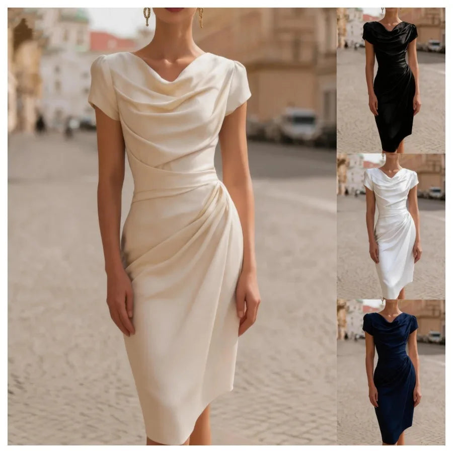【New style】2026 new summer swing-collar design pleated dress, feminine temperament slim-fitting hip dress