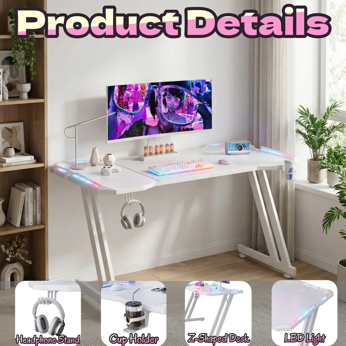 Frodrovia Ergonomic Gaming Desk With Led Lights And Cup Holder