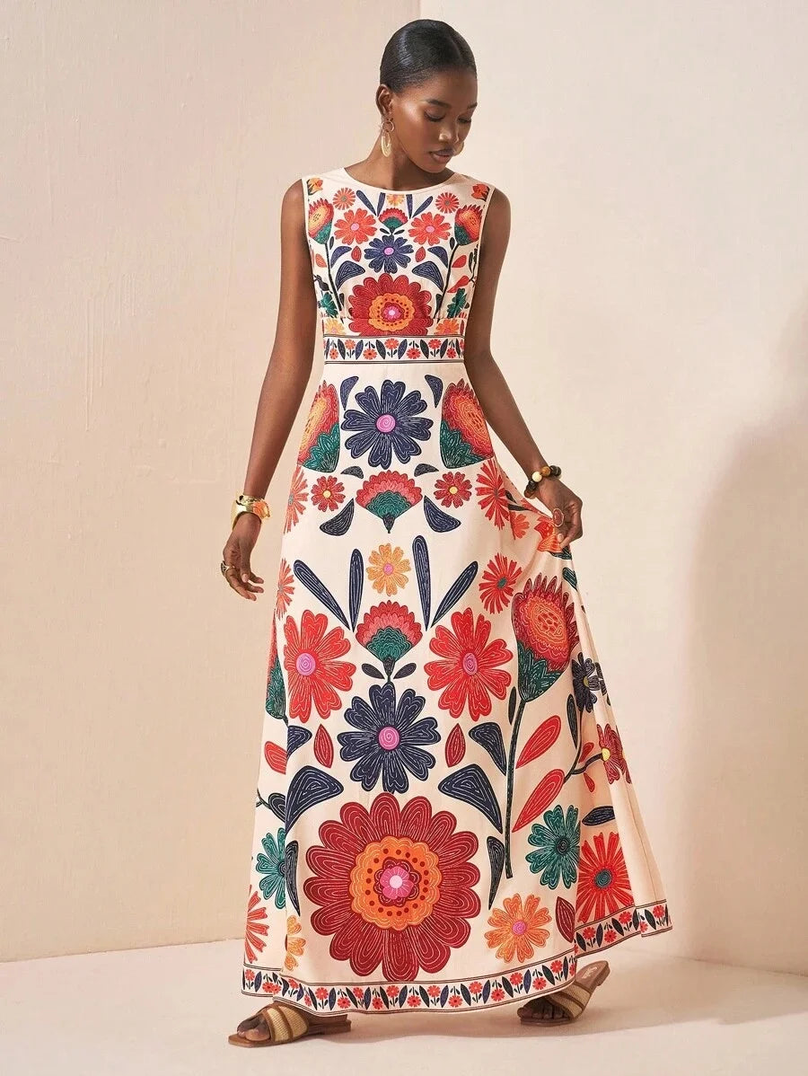 Women Floral Embroidery Sleeveless Maxi Dress Summer Casual