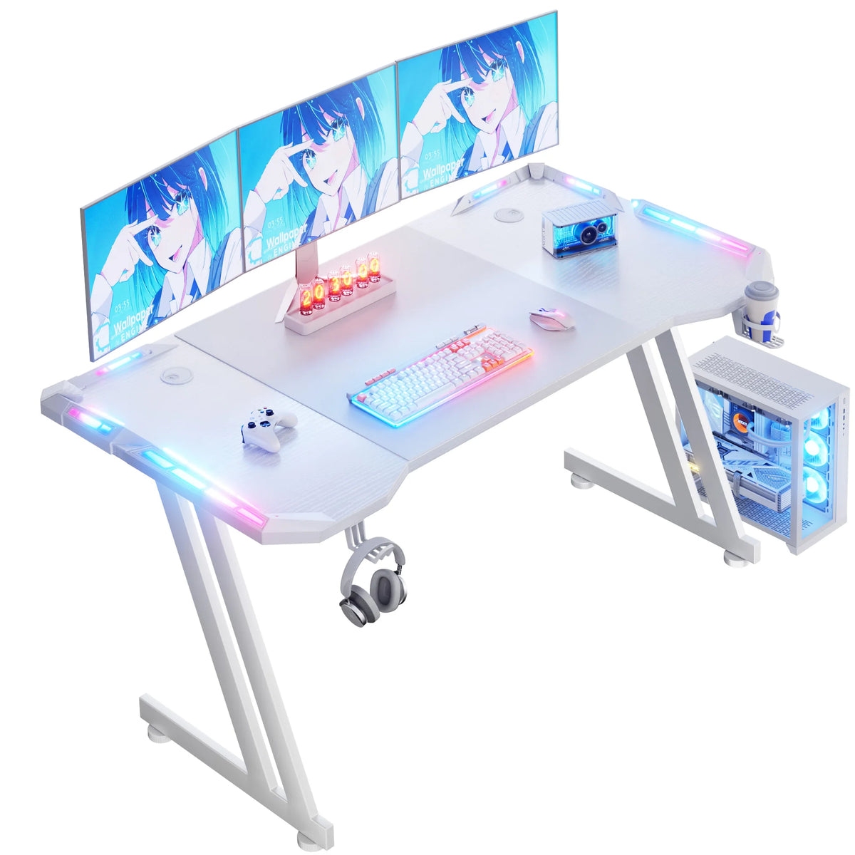 Frodrovia Ergonomic Gaming Desk With Led Lights And Cup Holder