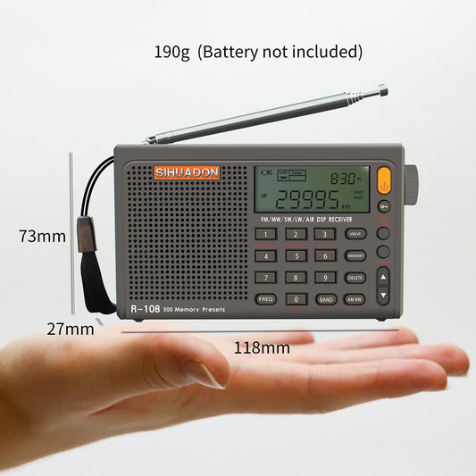 SIHUADON R108 DSP Radio AM FM SW LW Airband Full Band Receiver Battery Operated with Headphone Antenna Jack Sleep Time and Alarm