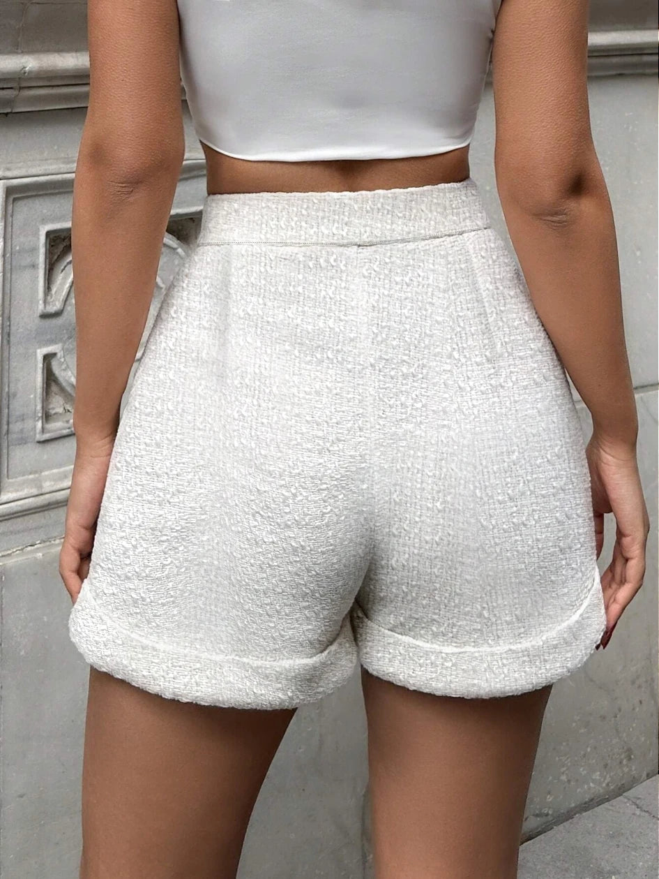 Women Tailored High Waist Tweed Shorts Featuring Functional Side Pockets