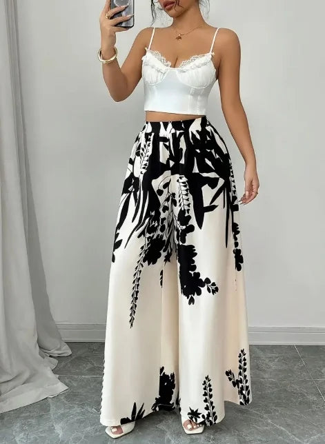 Women Floral Print High Waist Wide Leg Palazzo Pants