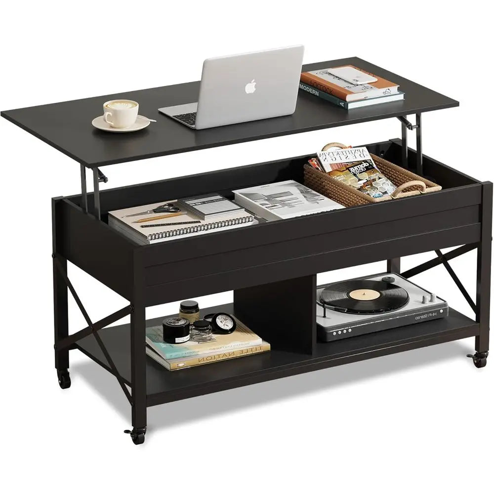 Coee Table, 41.3" Lit Top Coee Table with 4 Wheels, Hidden Comparent, Storage Shel and Lit Tabletop or Living Room, Retion Room,