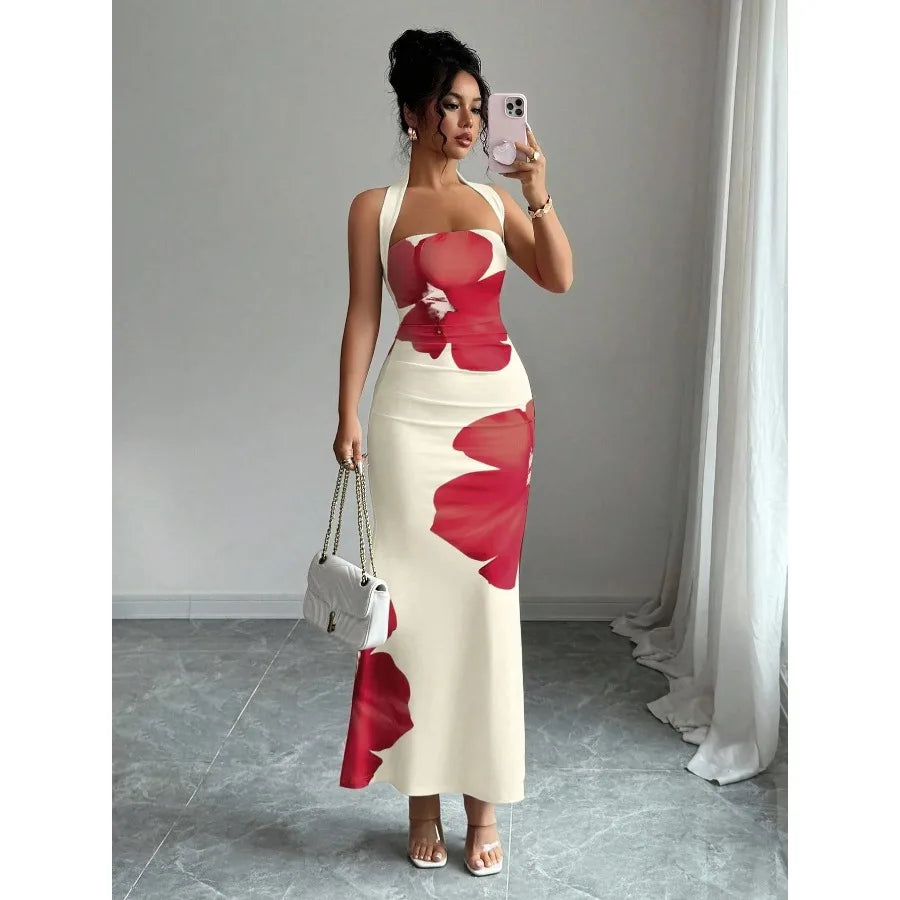 【New style】European and American   women's clothing 2026 new style  hot style hanging neck backless long dress bag hip printed