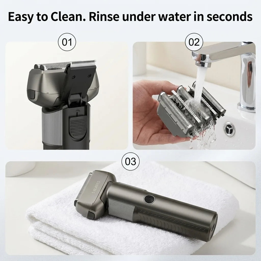 Electric Shaver for Men with 5 Precision Blades, Professional Foil Shaver with LED Power Display, IPX6 Waterproof Wet & Dry Cordless Rechargeable Razor, Portable Ergonomic Grooming Kit for Travel