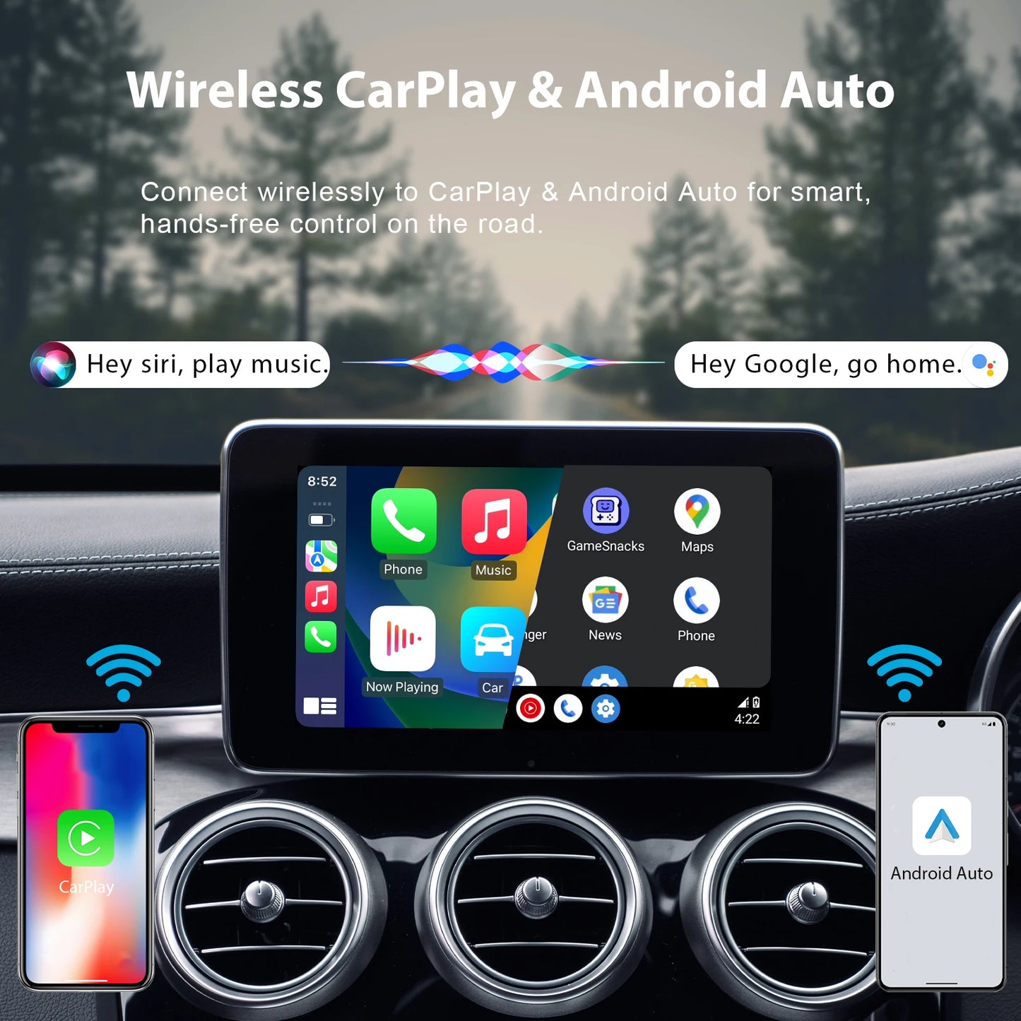 Wireless CarPlay Adapter – Android Auto AI Box with Netflix, YouTube, Hulu, App Installation, Dual-Band WiFi 6, Bluetooth, HDMI
