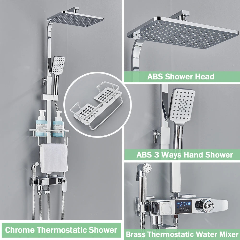 Rozin Black Smart Thermostatic Shower Faucet Set Bathroom Intelligent Rainfall Digital Mixer Tap With Rack and Bidet Bath System