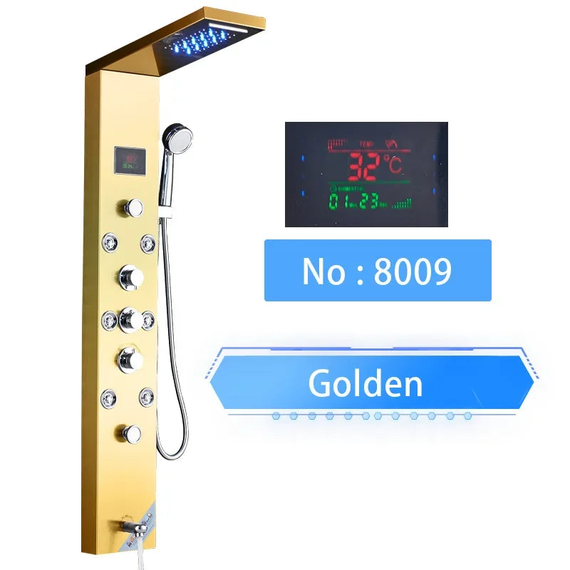 LED Shower Panel Digital Display Shower Faucet System Set Rain Waterfall Bathroom Column Mixer With SPA Massage Jet