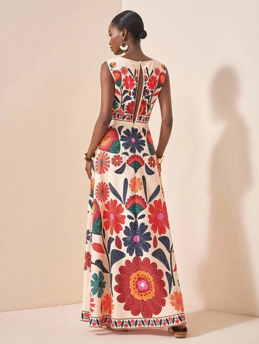 Women Floral Embroidery Sleeveless Maxi Dress Summer Casual