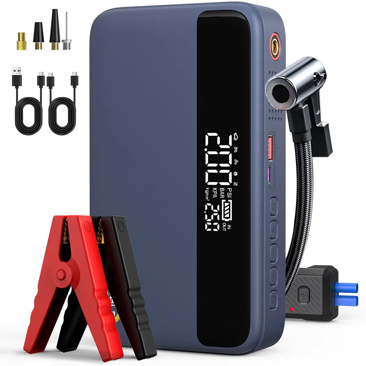 150PSI Air Pump Car Battery Emergency Boosters ,7000A/1500A PEAK Car Jump Starter Power Bank ,Portable Starting Device Car Starter New,Cars with USB Ports And LED Flashlight, 26800mAh/21800mAh Portable Car Jump Starter, Batte