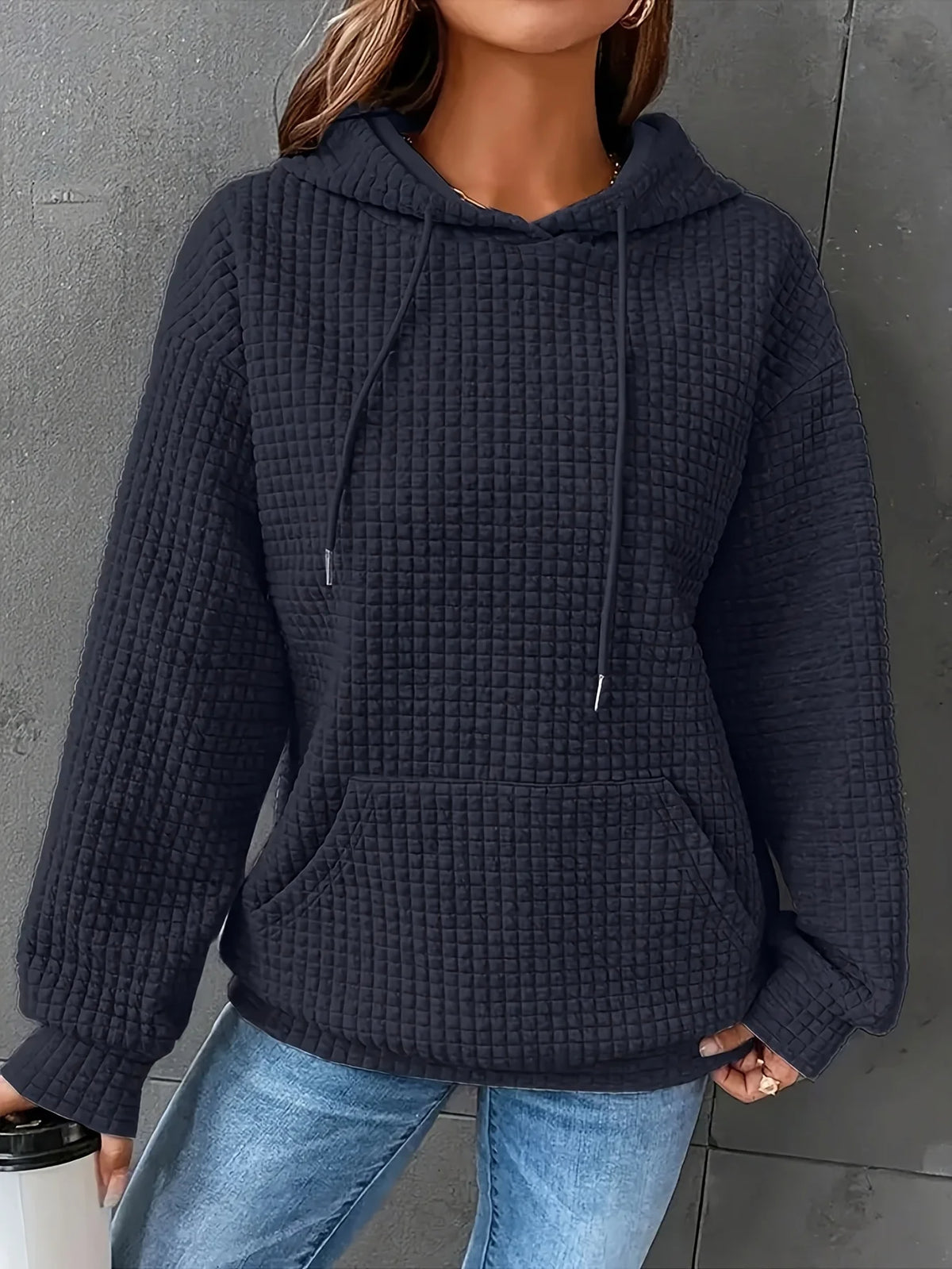 Women Waffle Knit Hoodie Drawstring Pullover Sweatshirt Kangaroo Pocket