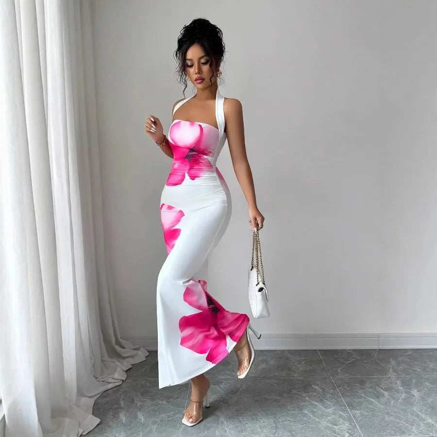 【New style】European and American   women's clothing 2026 new style  hot style hanging neck backless long dress bag hip printed