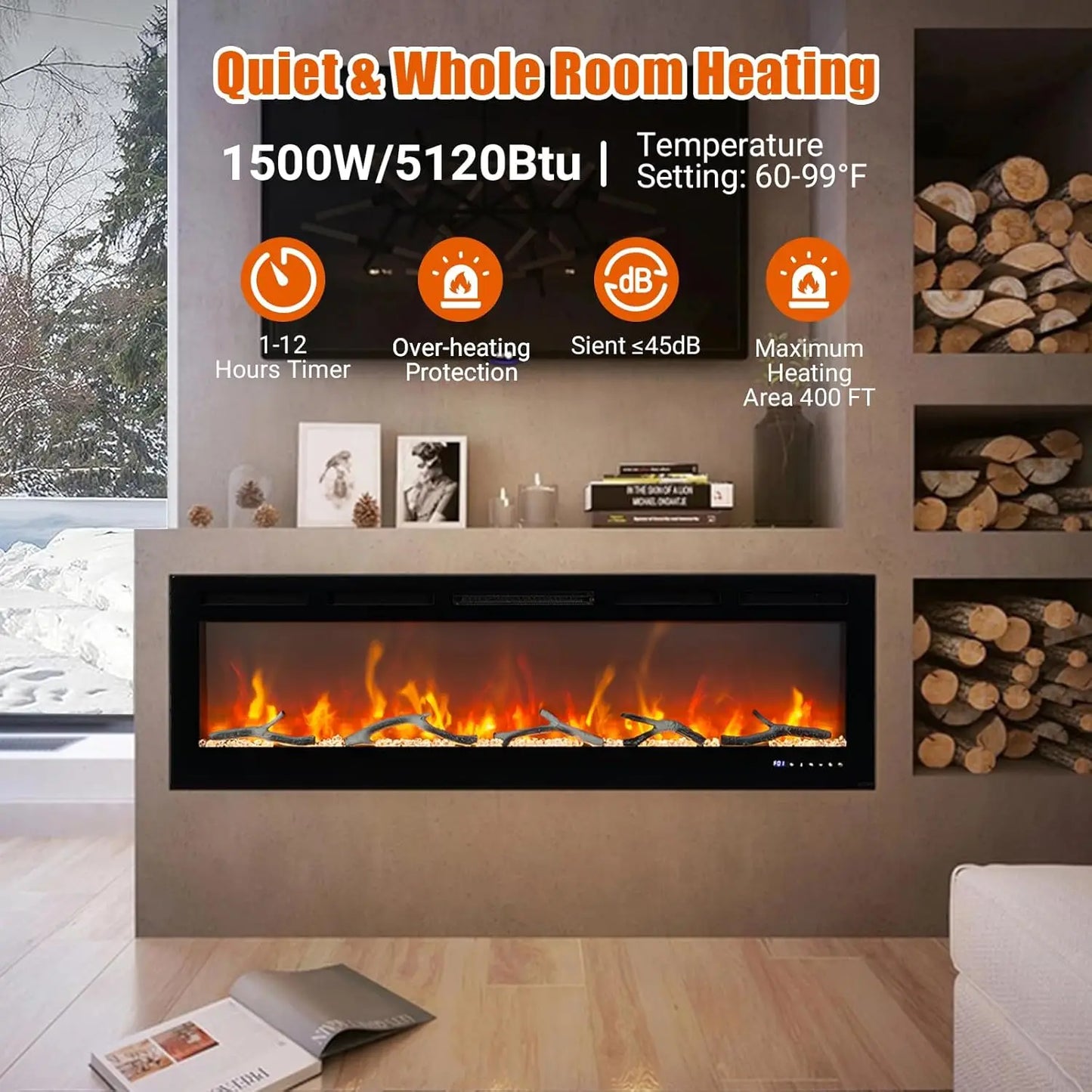 50/60/72inch Smart WiFi Electric Fireplace Remote & App Control Adjustable Flame 1500W Quartz Heater With Overheating Protection