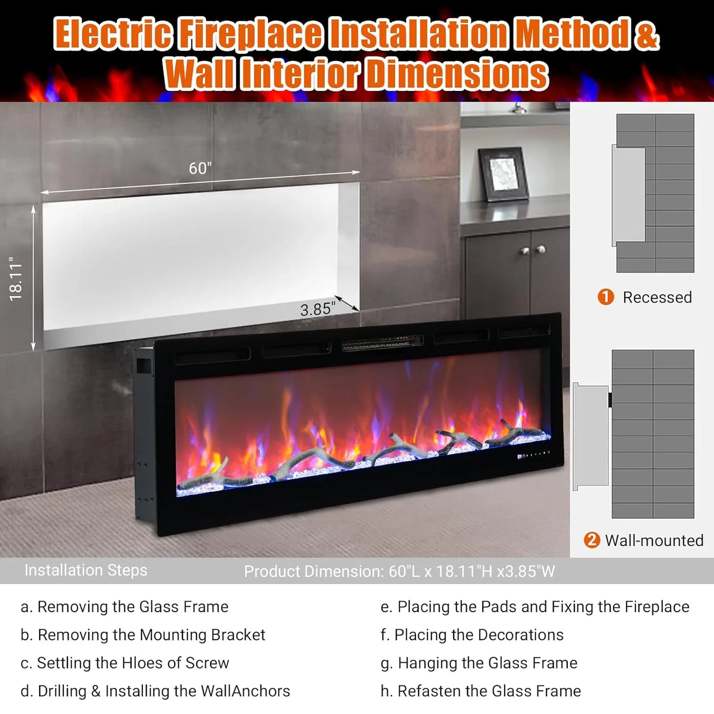 50/60/72inch Smart WiFi Electric Fireplace Remote & App Control Adjustable Flame 1500W Quartz Heater With Overheating Protection