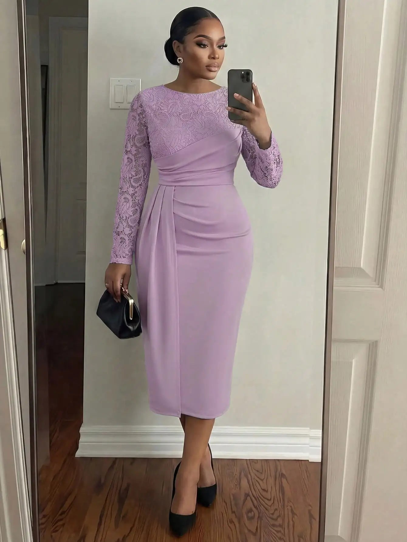 Lavender Lace Long Sleeve Midi Dress With Draped Waist For Women Elegant Office Party Wear Fall Winter Plus Size Outfit