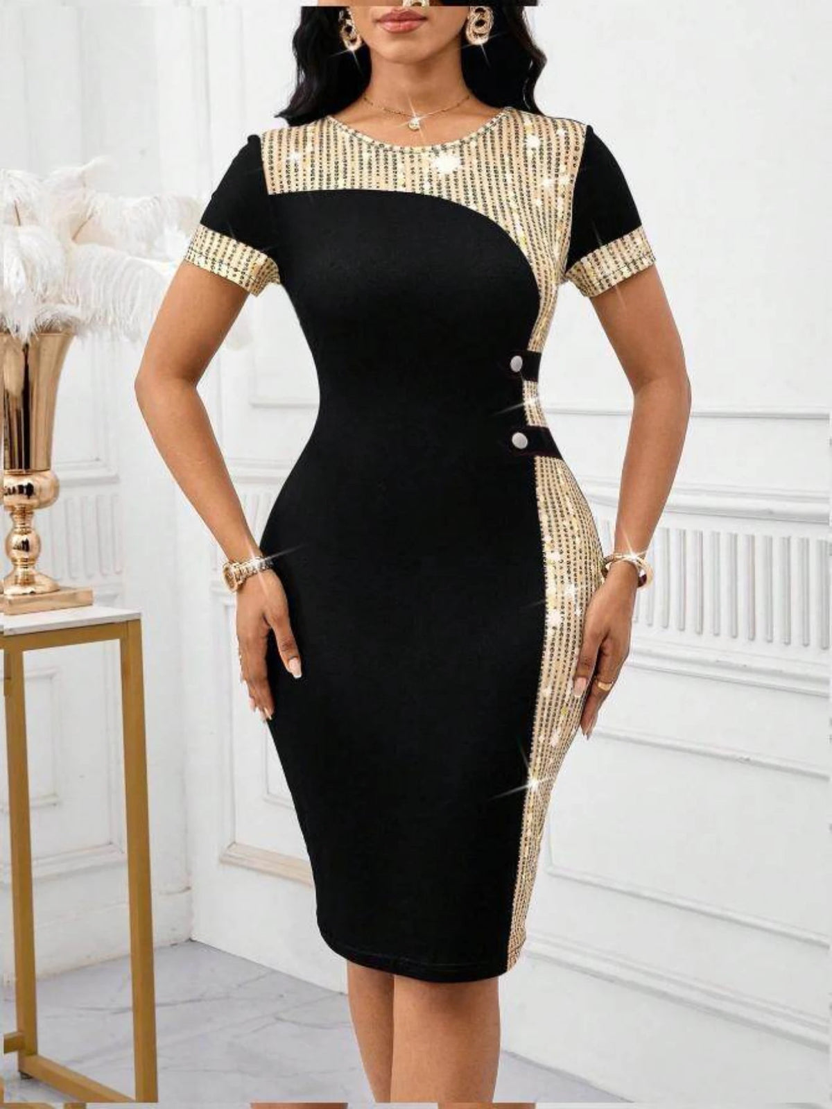 Women's Color Block Bodycon Midi Dress Short Sleeve Round Neck