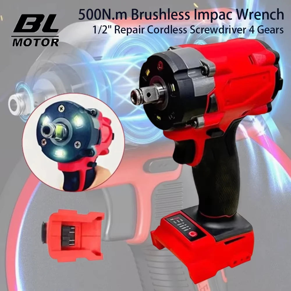 500N.m Brushless Impact Wrench Electric Driver 1/2" Repair Cordless Screwdriver 4 Gears Power Tools for Milwaukee 18V Battery