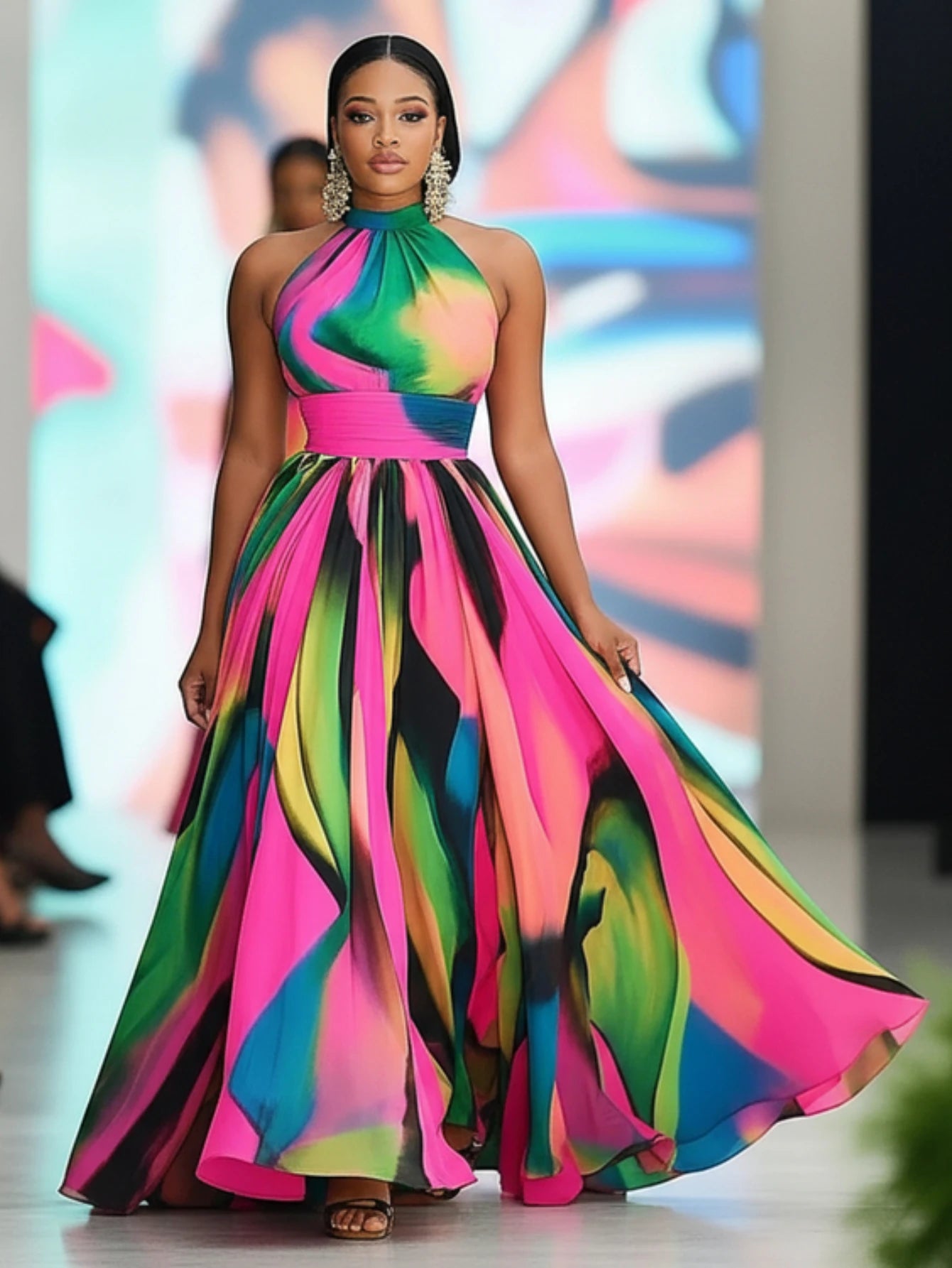 Women Halter Neck Printed Maxi Dress With High Slit