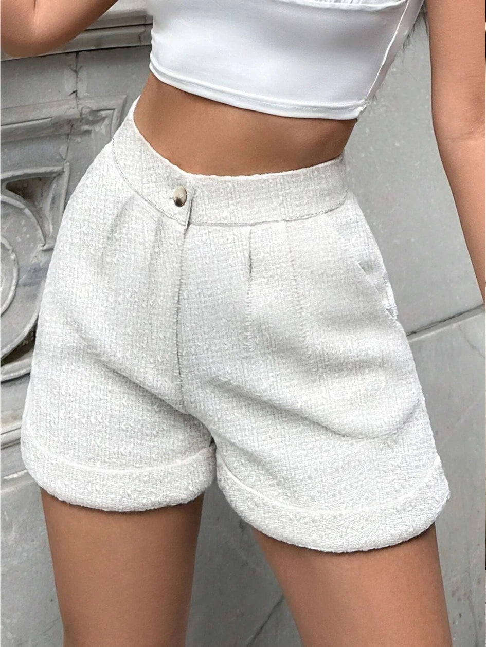 Women Tailored High Waist Tweed Shorts Featuring Functional Side Pockets