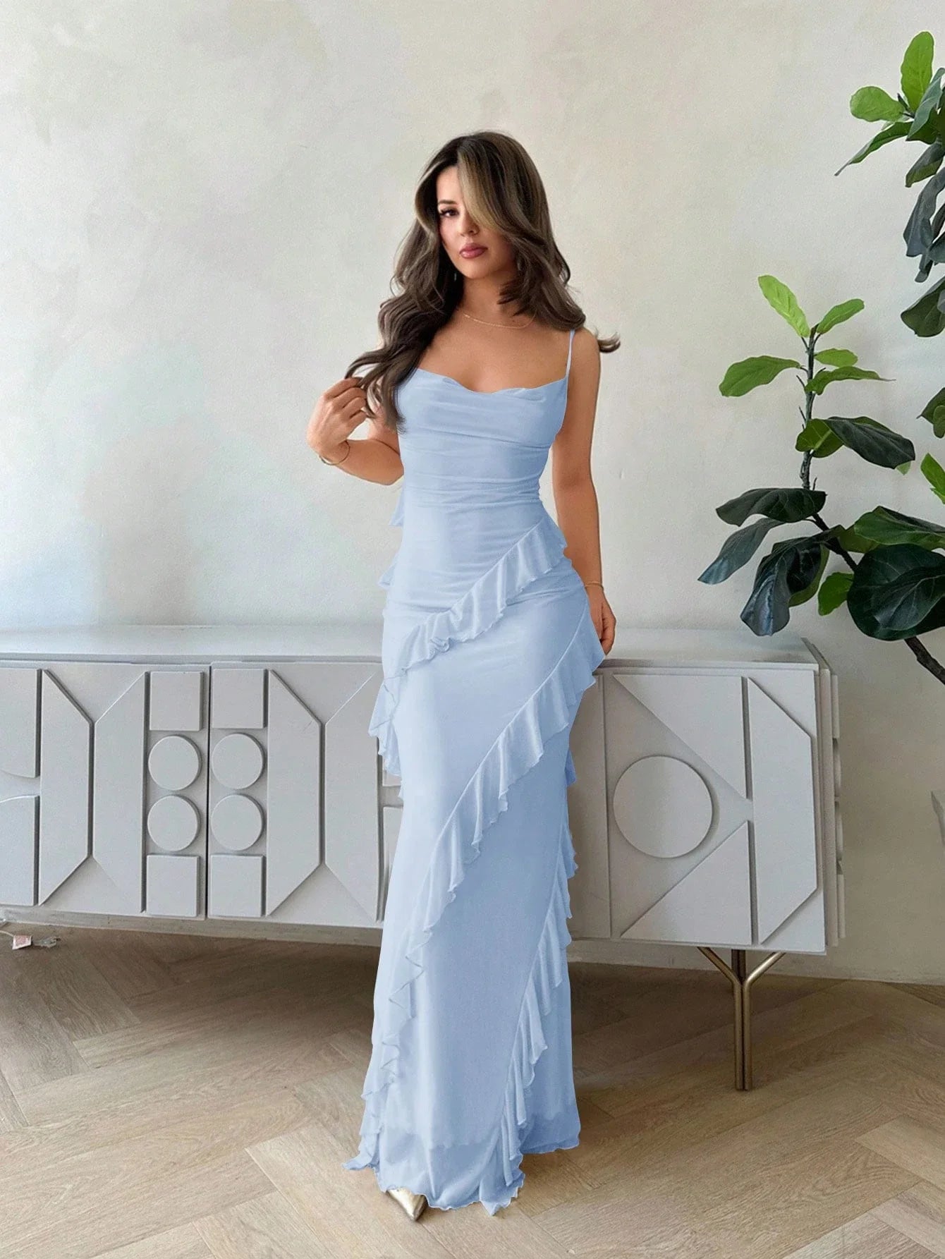 Long Ruffle Trim Camisole Neck Bodycon Dress For Women Romantic Date Party Spring Summer Pastel