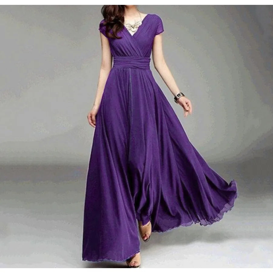 【New style】- access  Europe and America V-neck short-sleeved Bohemian chiffon waist dress