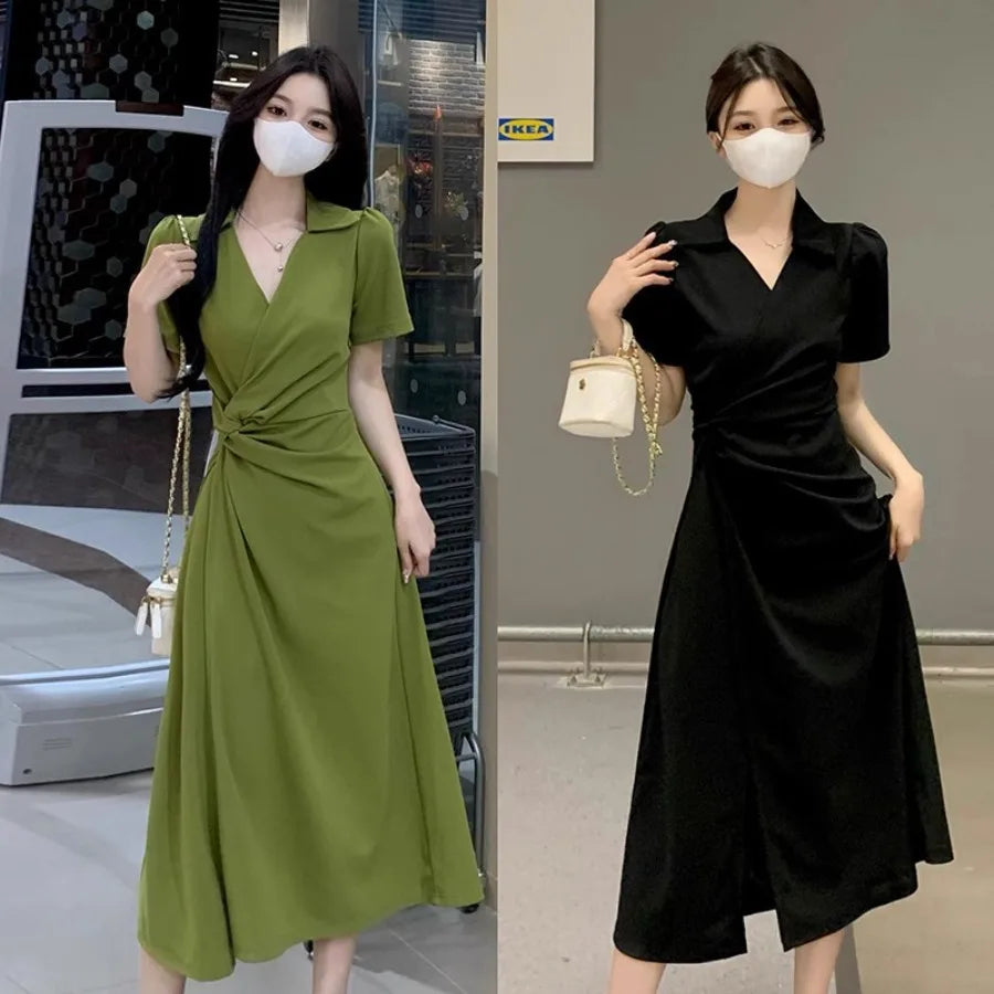 【New style】Pear shaped figure super slimming and skin-covering dress summer new style polo collar knot knot -style split a-line