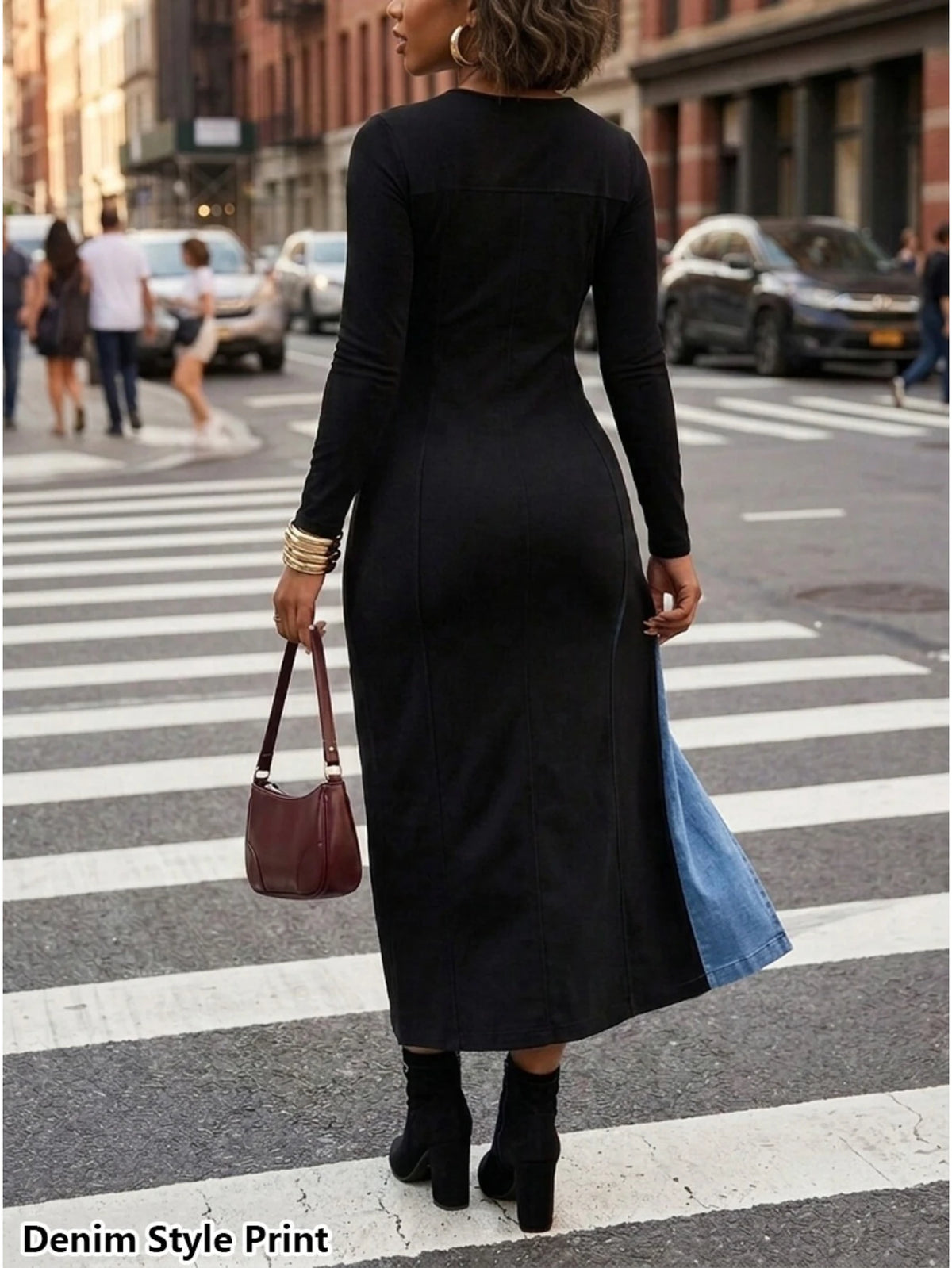 Women's Knit Patchwork Long Sleeve Casual Front Split Dress