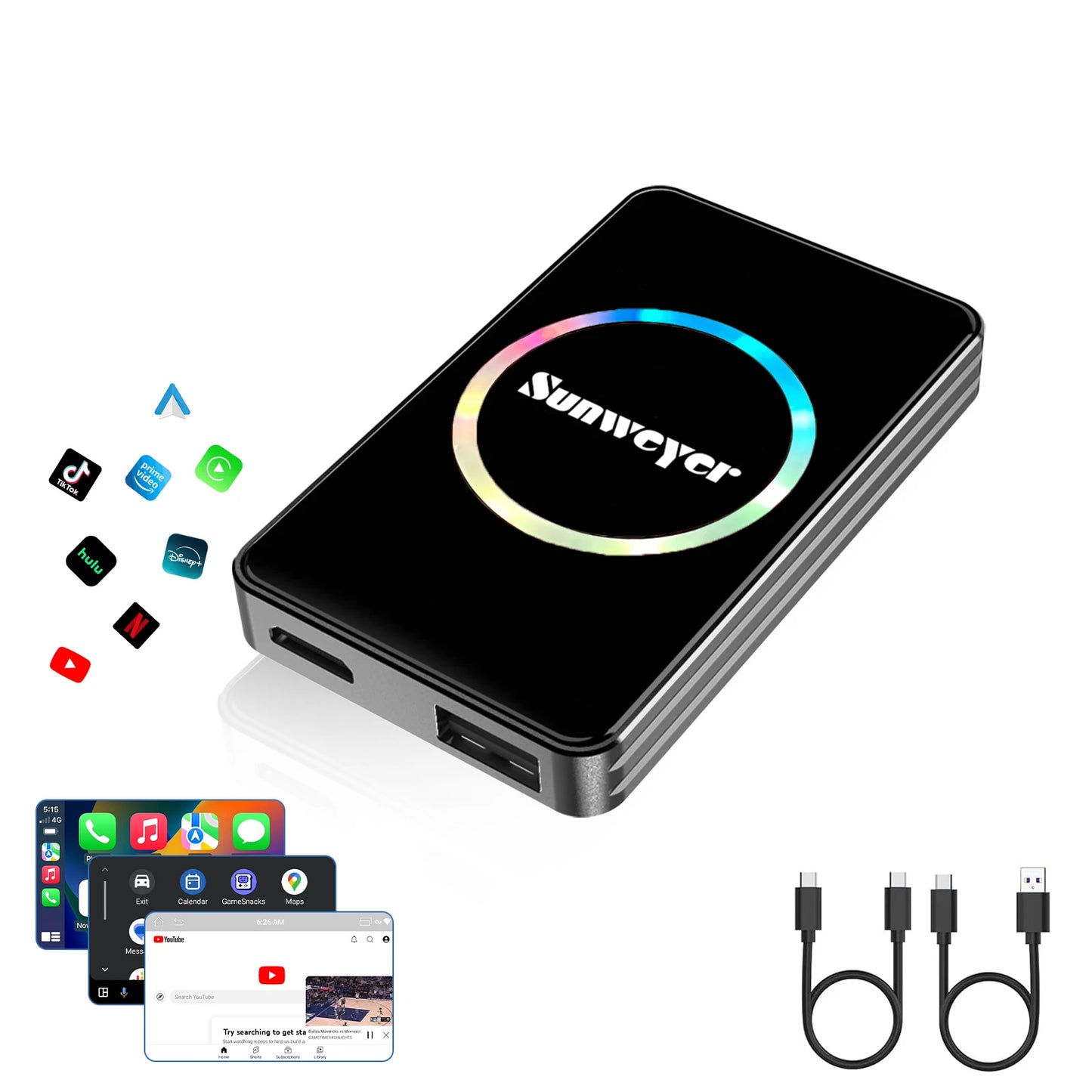 Wireless CarPlay Adapter – Android Auto AI Box with Netflix, YouTube, Hulu, App Installation, Dual-Band WiFi 6, Bluetooth, HDMI