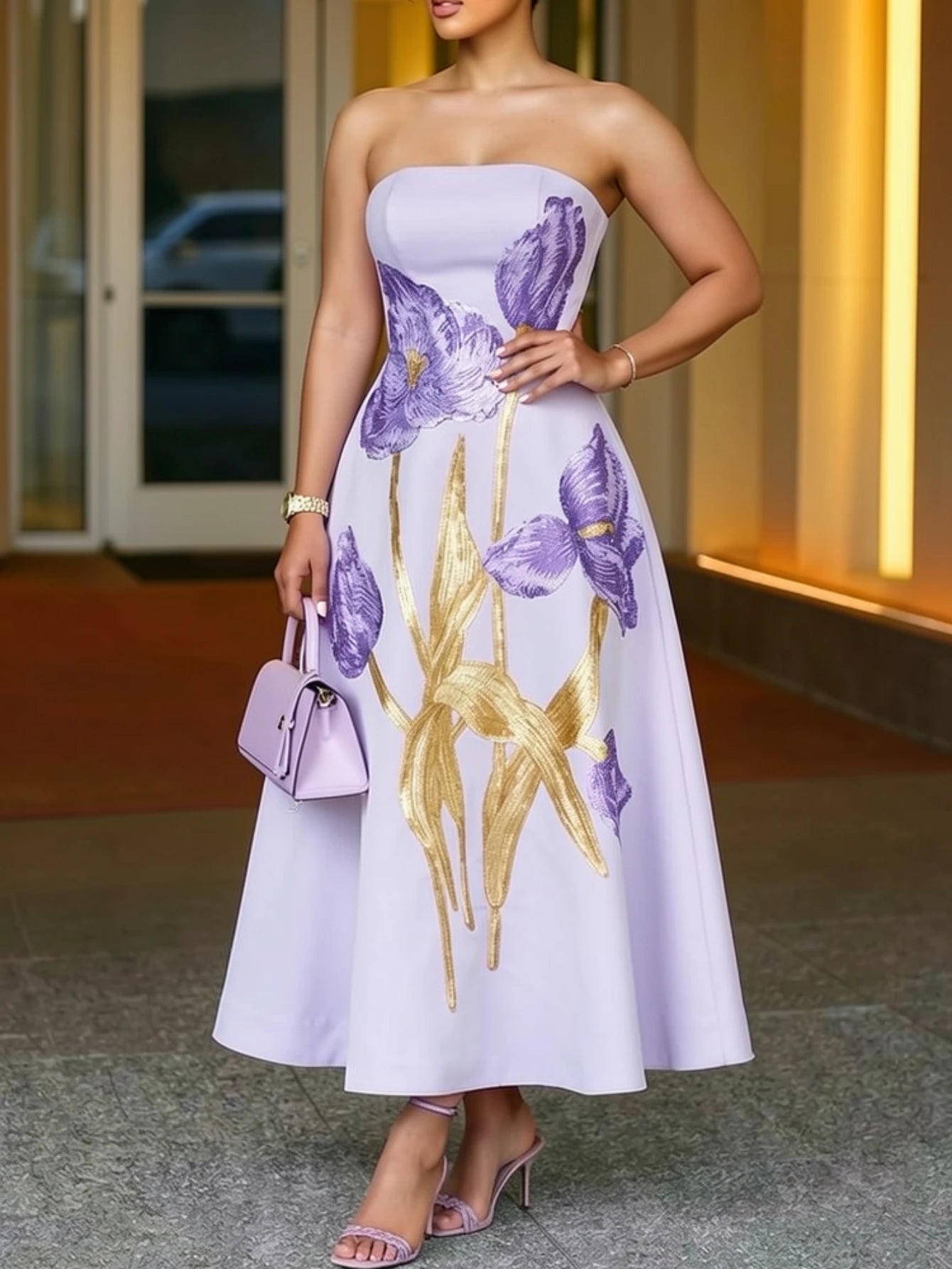Women Strapless Patchwork Printed Midi Evening Dress