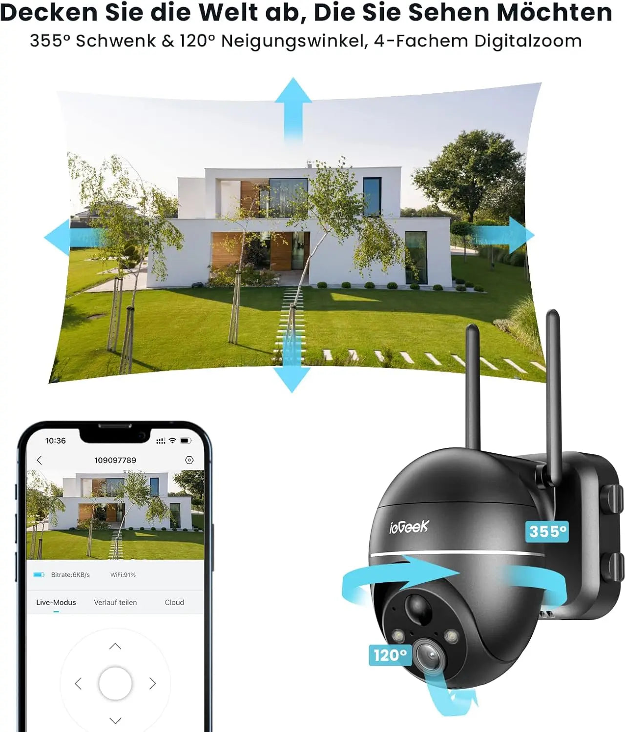 ieGeek 5MP outdoor surveillance camera battery, PTZ surveillance camera outdoor WLAN with solar panel, PIR motion detector, 2.4G