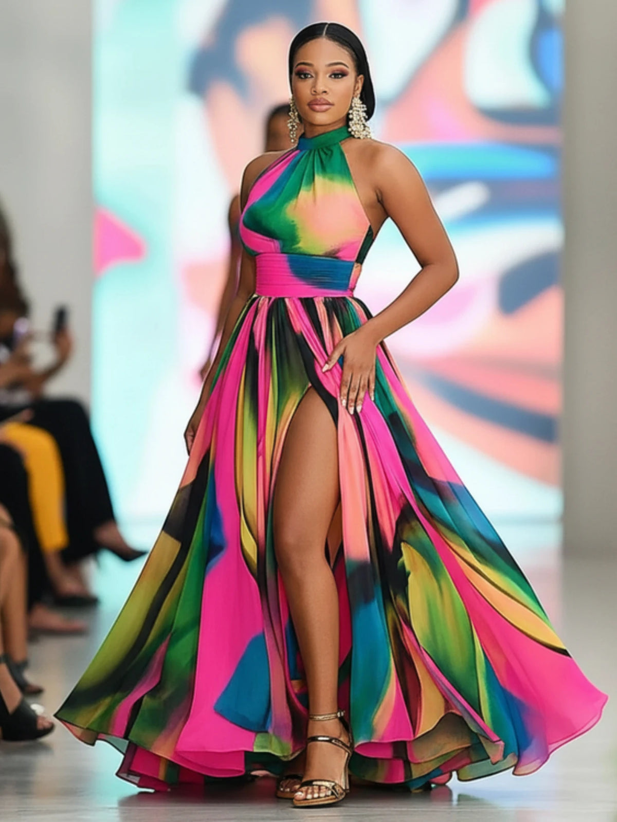 Women Halter Neck Printed Maxi Dress With High Slit