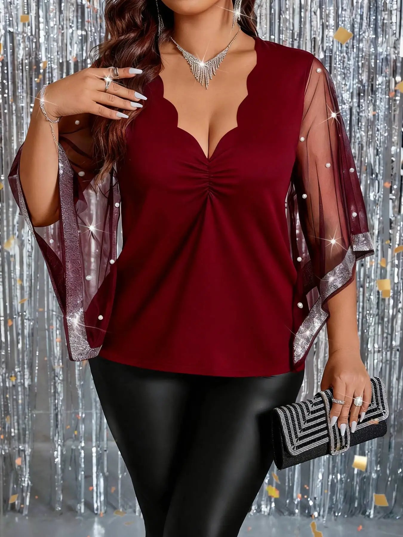 Pearl Beaded Glitter Trim Mesh Bell Sleeve Party Blouse