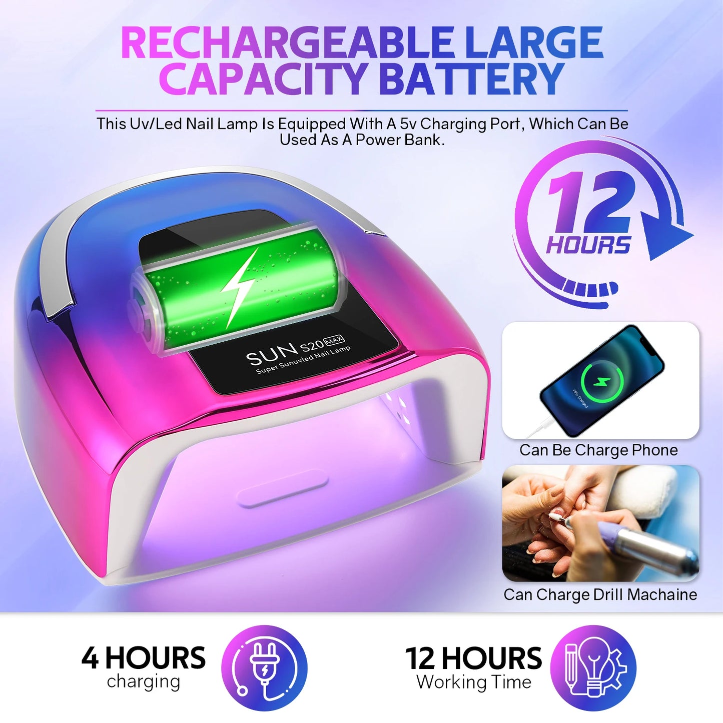 48 LEDs ,200W UV Nail Lamp , LCD Screen, Rechargeable – Cures All Gel Nails, Manicure & Nail Art Tool