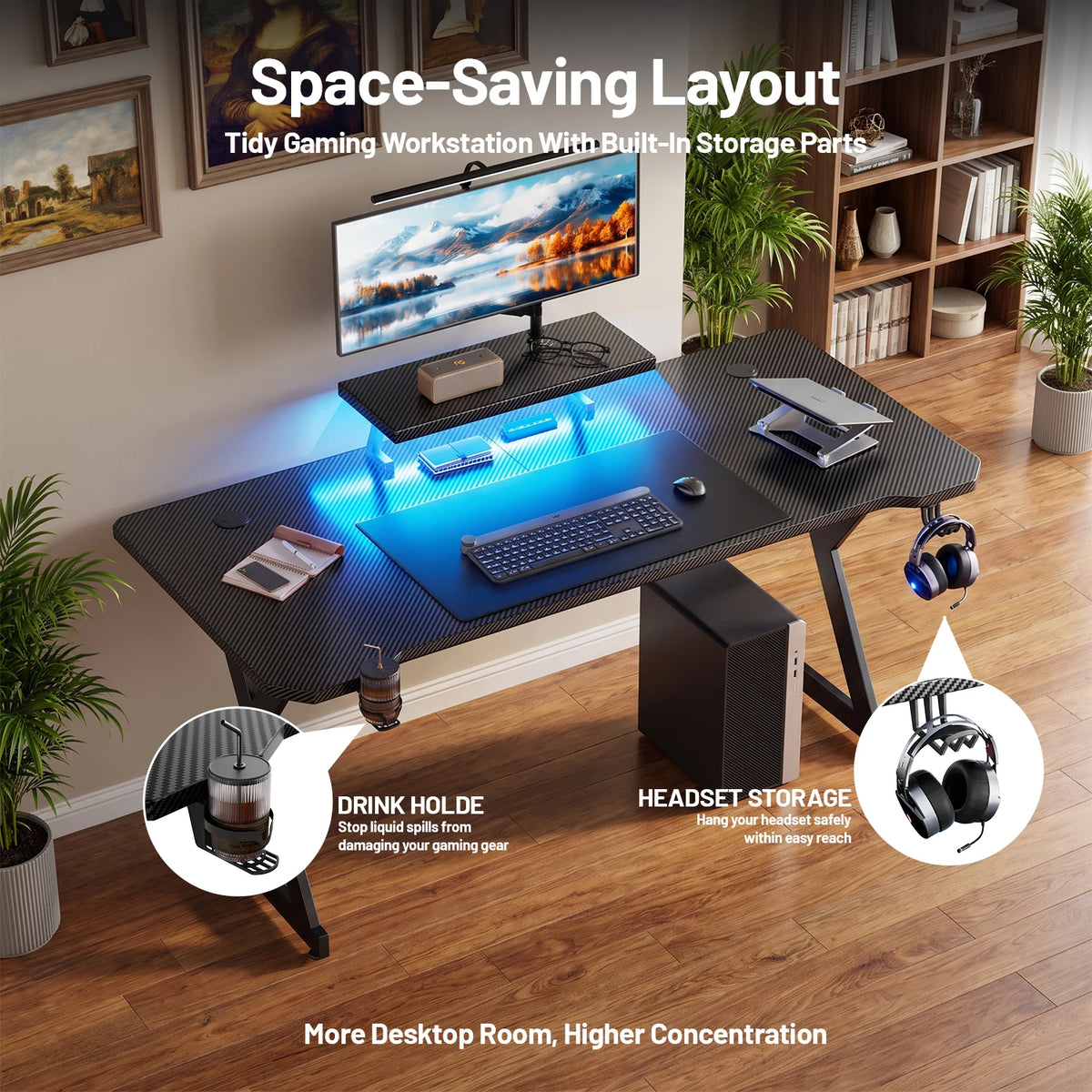 FRODROVIA Ergonomic Gaming Desk With Monitor Stand And Light Strip