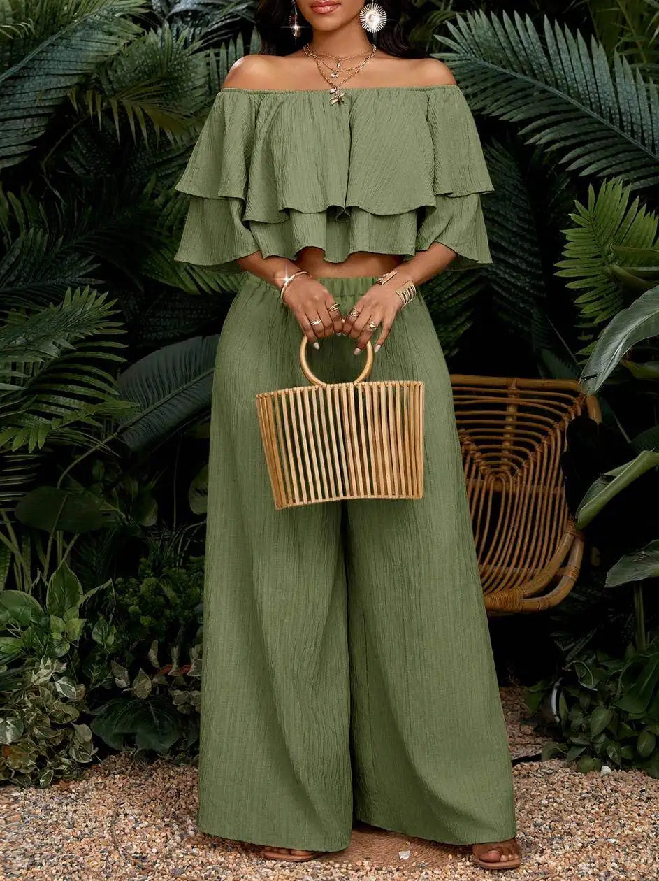 Women Off Shoulder Ruffle Crop Top With Wide Leg Pants