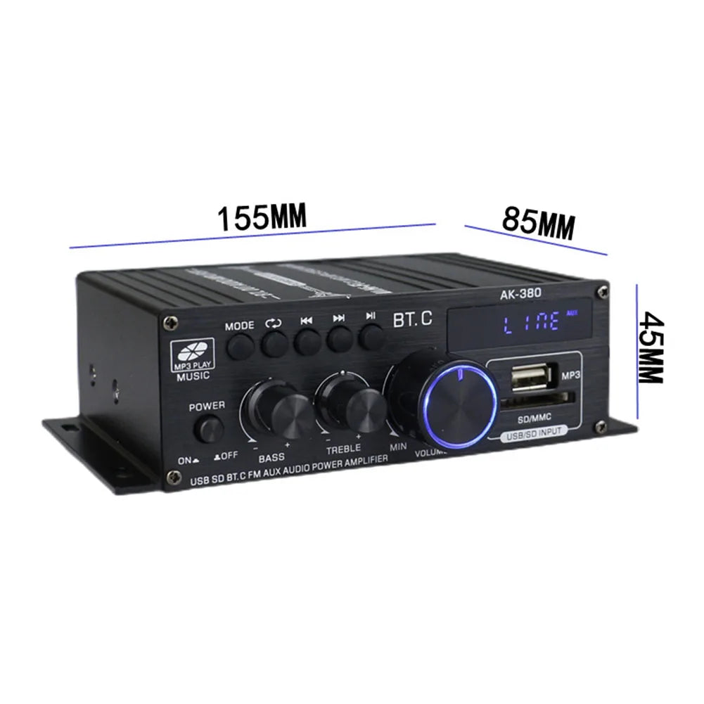 AK380 Bluetooth-Compatible Amplifier 2 Channel Digital Amplifiers Audio HIFI Bass Music Player USB AUX Karaoke for Home Car