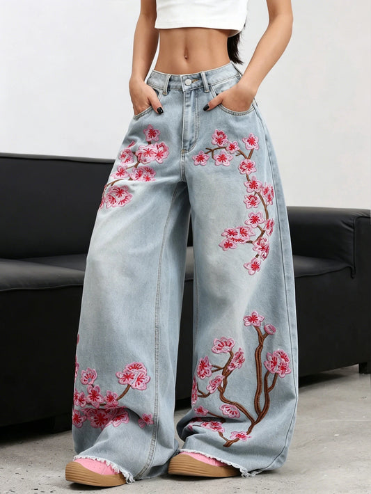 Women's Embroidered Plum Blossom Wide Leg Denim Jeans