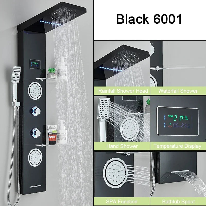 LED Shower Panel Digital Display Shower Faucet System Set Rain Waterfall Bathroom Column Mixer With SPA Massage Jet