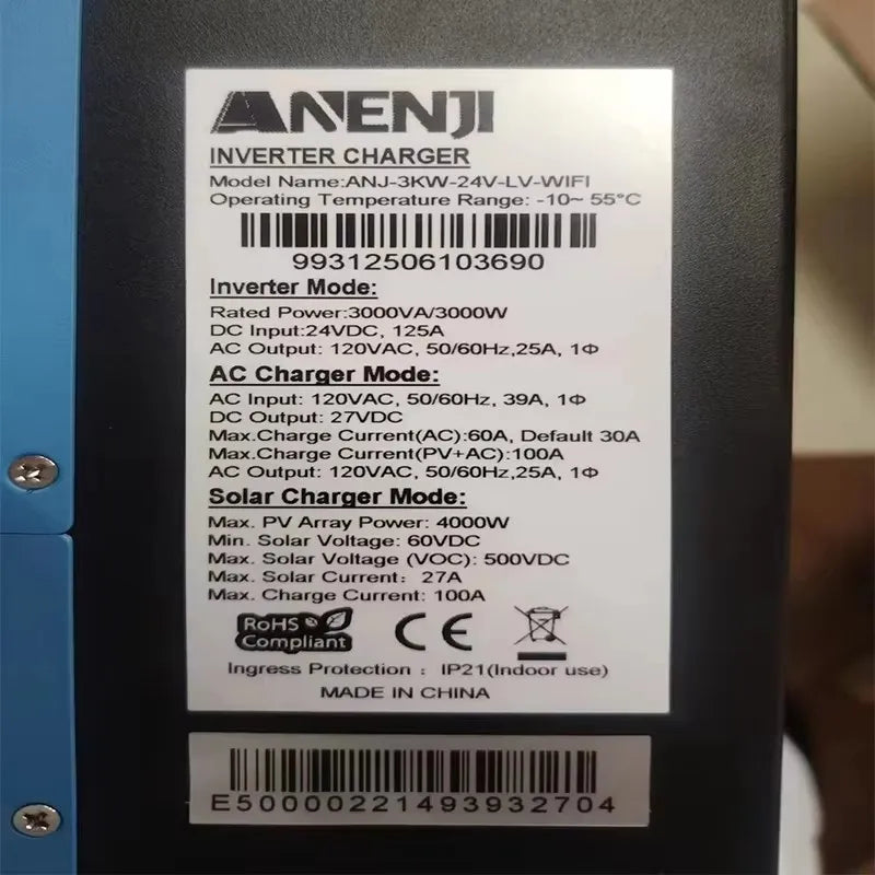 ANENJI 110V/120VAC Hybrid Solar Inverter 3KW 24V MPPT Pure Sine Off Grid Photovoltaic Inverter with100A Solar Charger PV 500VDC