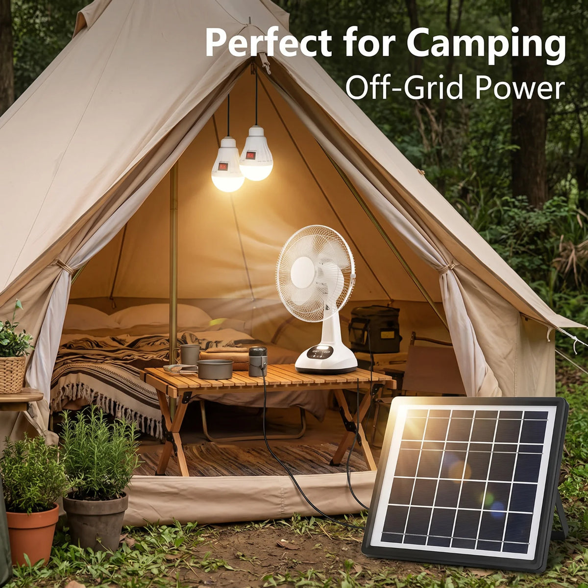 Solar Powered Fan Set With LED Bulbs 6V 4500mAh Rechargeable Desk Fan 18W Copper Motor 2 Speed Wind Portable Cooling Fan Built In Battery Power Bank Function With 9V 3W Solar Panel For Outdoor Camping Home Emergency Lighting