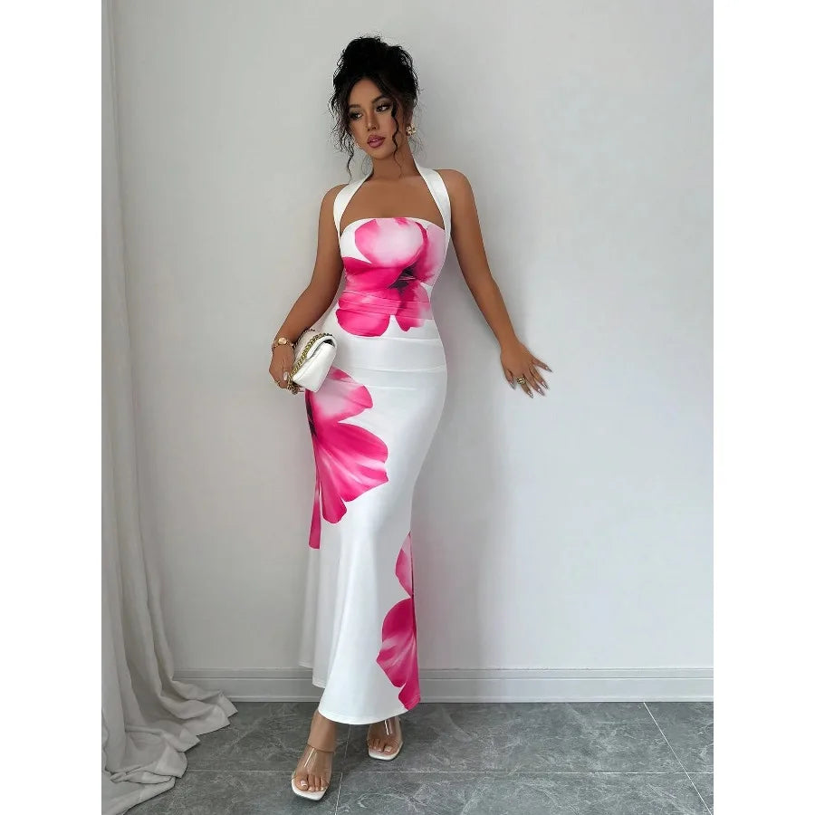 【New style】European and American   women's clothing 2026 new style  hot style hanging neck backless long dress bag hip printed