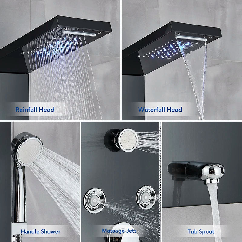 LED Shower Panel Digital Display Shower Faucet System Set Rain Waterfall Bathroom Column Mixer With SPA Massage Jet