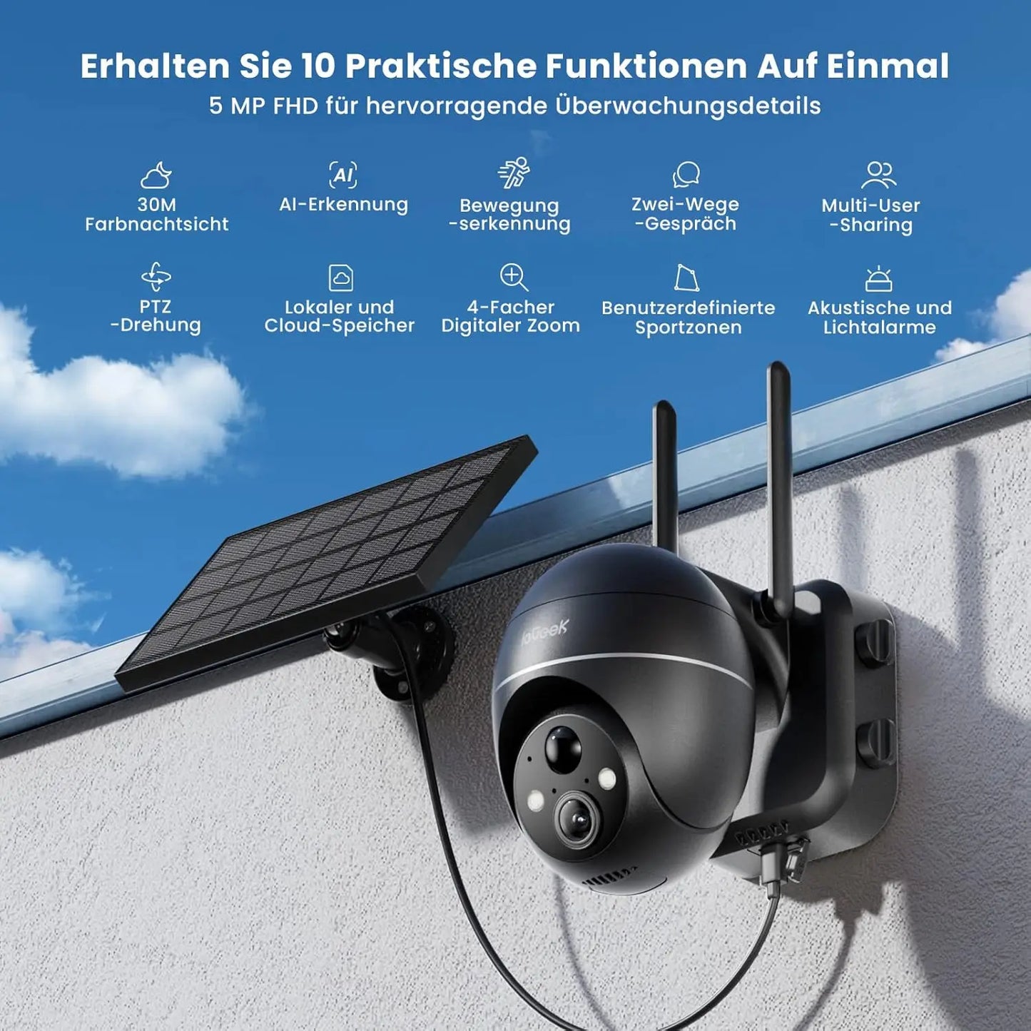 ieGeek 5MP outdoor surveillance camera battery, PTZ surveillance camera outdoor WLAN with solar panel, PIR motion detector, 2.4G